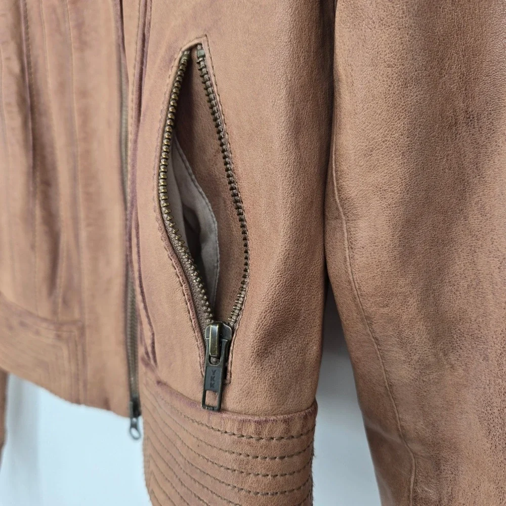 Haute Hippie Real Lambskin Leather Jacket Brown Pleated Biker Chic Boho Womens S - Picture 8 of 12
